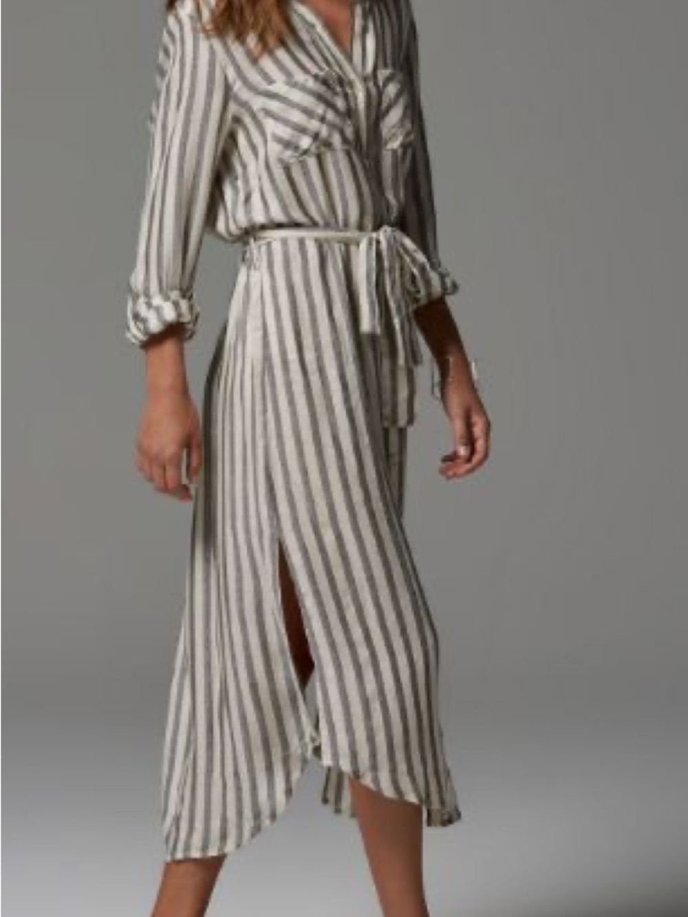 Elan Cream and Gray Striped Midi Shirt Dress size L